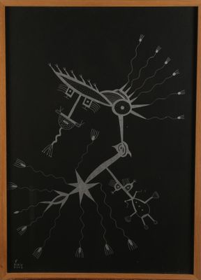 a black and white drawing of a bird on a tree branch
