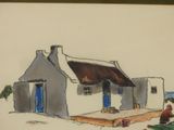 a picture of a drawing of a house with a thatched roof