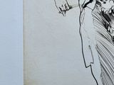 drawing of a woman in a long dress holding a gun