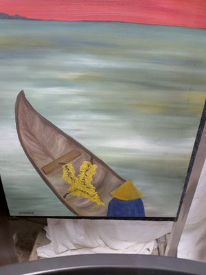 un tableau représentant un bateau sur lequel figure une fleur jaune