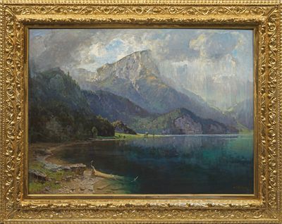 an oil painting of a mountain scene with a lake in the foreground