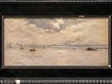 an image of a painting of boats in a body of water with mountains in the background