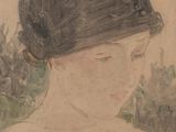 tableau représentant une femme coiffée d'un chapeau noir, le regard baissé vers le sol