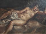 painting of a naked man laying on a bed with a pillow