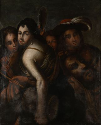 painting of a group of men with a woman holding a baby