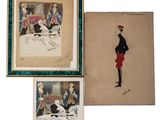 three framed pictures of a man in a suit and a woman in a red dress