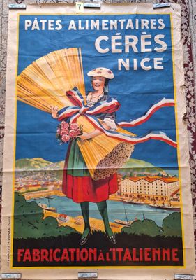 french poster of a woman carrying a fan and a basket of flowers