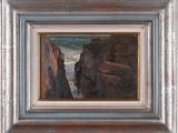 an oil painting of a rocky coastline with a boat in the distance