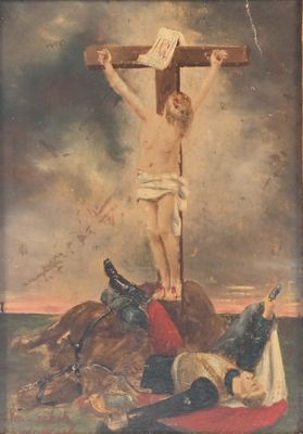 tableau représentant un homme sur une croix, monté sur un cheval, avec un autre homme allongé sur le sol