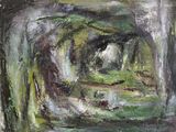 an oil painting of a green tunnel with trees in the background