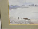 a picture of a painting of people walking on the beach