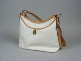 the purse is white and brown with a brown strap