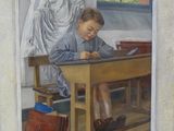 a painting of a young boy sitting at a desk