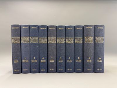 six blue books with gold lettering on them sitting on a white surface