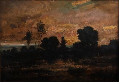 une image d'un tableau représentant un paysage avec des arbres au premier plan