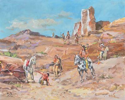 un tableau représentant un groupe de personnes à cheval dans le désert