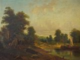 un tableau représentant un bateau sur l'eau, près du rivage