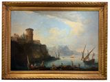 an image of a painting of boats in the water near a castle