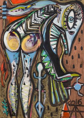 peinture abstraite représentant une femme avec un oiseau sur la tête