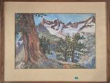 une image représentant un tableau représentant un paysage de montagne avec un arbre au premier plan