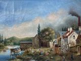 a painting of a painting of a farm scene with people and animals