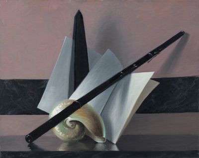 a painting of a book and a pen on a table