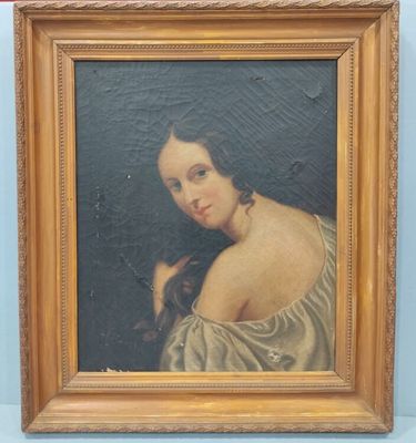 an old painting of a woman holding a cat in a gold frame