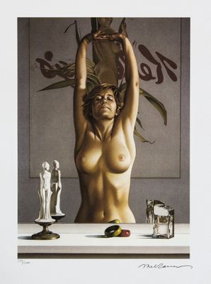 an image of a painting of a naked woman holding a bowl over her head