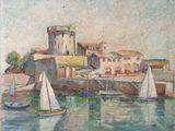 un tableau représentant des voiliers sur l'eau, près d'un château