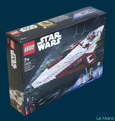 une boîte contenant des sets Lego Star Wars sur fond bleu
