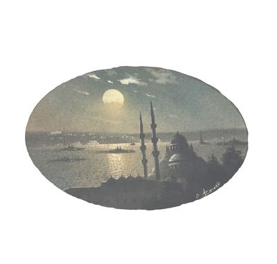 painting of a view of a body of water with a clock tower in the distance
