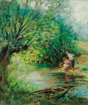 un tableau représentant deux enfants jouant dans un ruisseau près d'un arbre