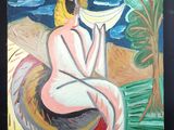 une peinture à l'huile représentant une femme assise sur une plage, tenant une banane