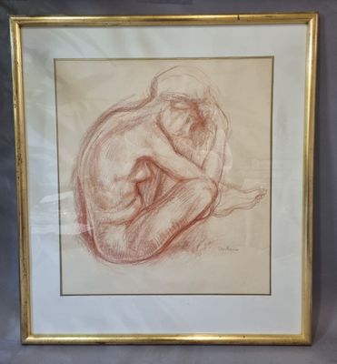 a drawing of a man sitting on his knees in a gold frame