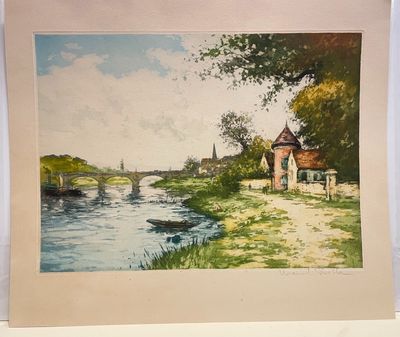 a picture of a painting of a bridge over a river