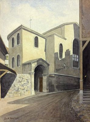 peinture représentant une rue avec des bâtiments et une tour horloge