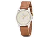gros plan d'une montre sur fond blanc avec un bracelet marron