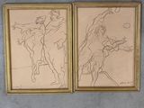 two framed drawings of a man and a woman on a horse