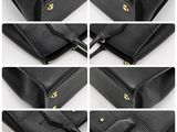 four different images of a black purse with a gold clasp