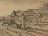 drawing of a farm scene with a farmer and his sheep