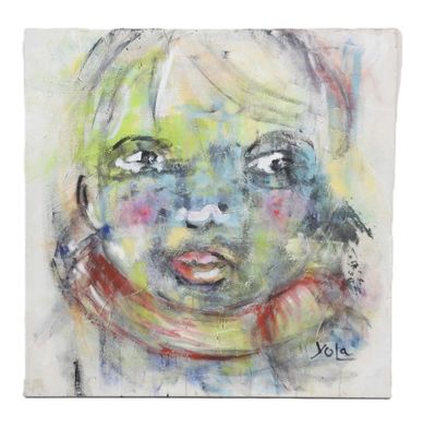 a painting of a little girl with a scarf on her head
