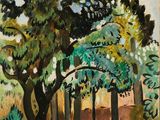 une image représentant un tableau d'un parc avec des arbres et un banc