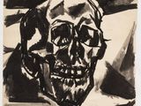 a black and white drawing of a skull on a table