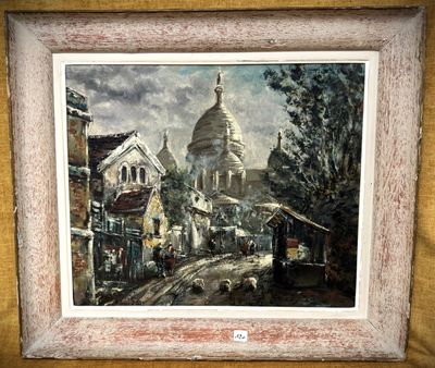 une image d'une peinture représentant une scène de rue avec une église en arrière-plan