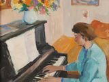 tableau représentant une femme assise au piano dans un salon