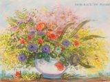 une peinture représentant un vase de fleurs sur une table