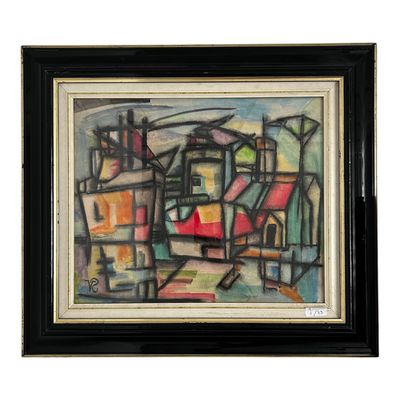 une peinture représentant une ville avec des bâtiments et le ciel en arrière-plan