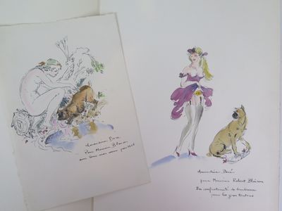 two drawings of a woman and a cat on a table