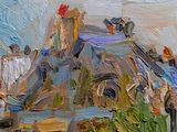 an oil painting of a building with a clock tower on top of it
