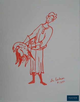 un dessin rouge représentant un homme tenant un poisson
